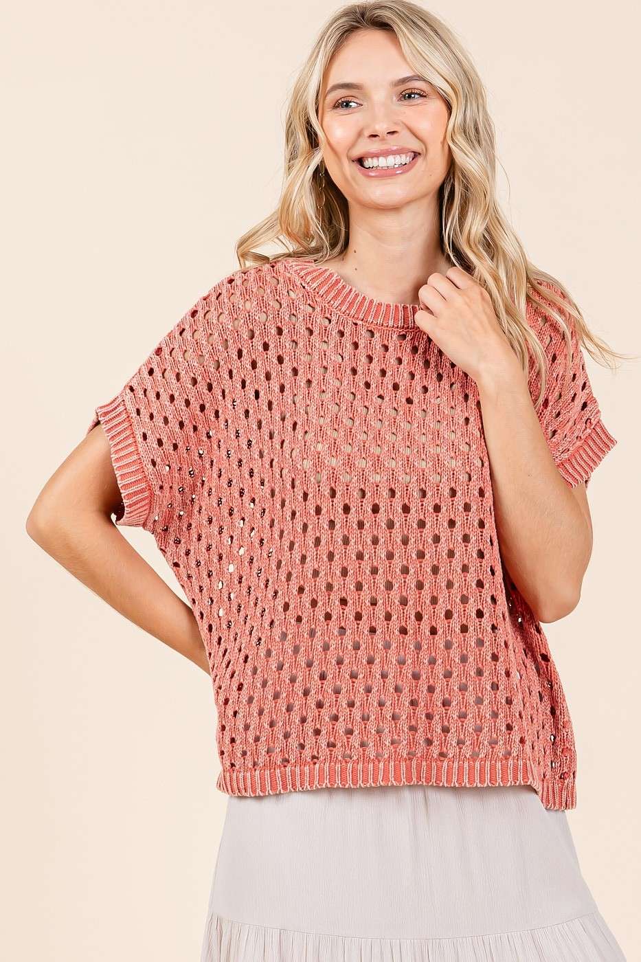 mittoshop – Großhandel Strickpullover – Damen – Mineral-waschgestricktes Kurzarm-Pullover-Top mit Lochmuster21