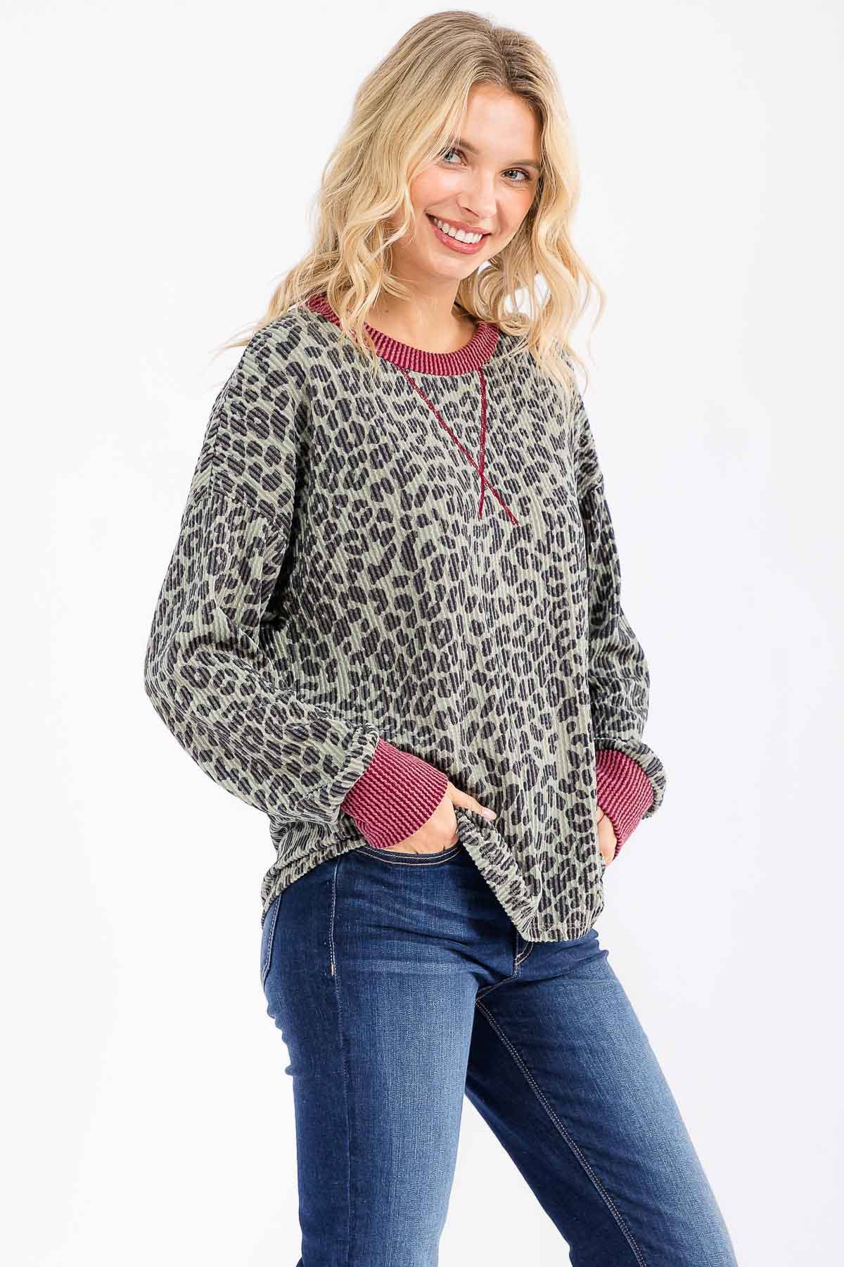 7th Ray - Wholesale Knit Top - Women's - Rib Animal Print Drop Shoulder V Seam Long Sleeve Top T581712