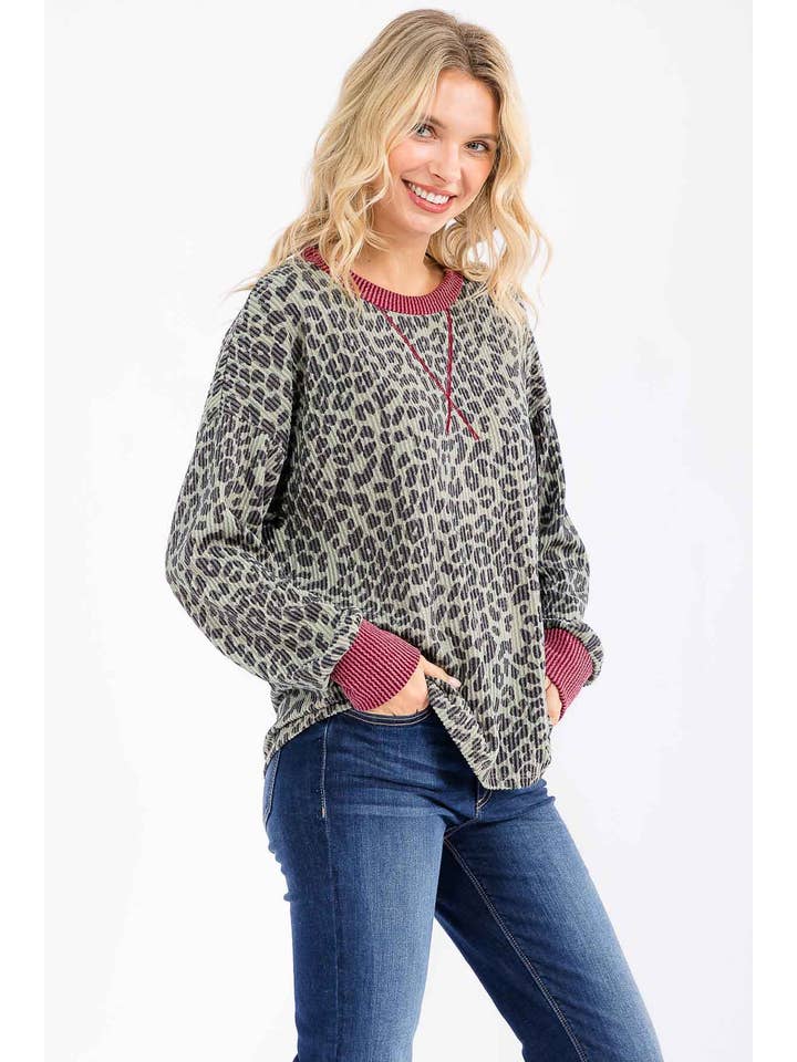 7th Ray - Wholesale Knit Top - Women's - Rib Animal Print Drop Shoulder V Seam Long Sleeve Top T581712