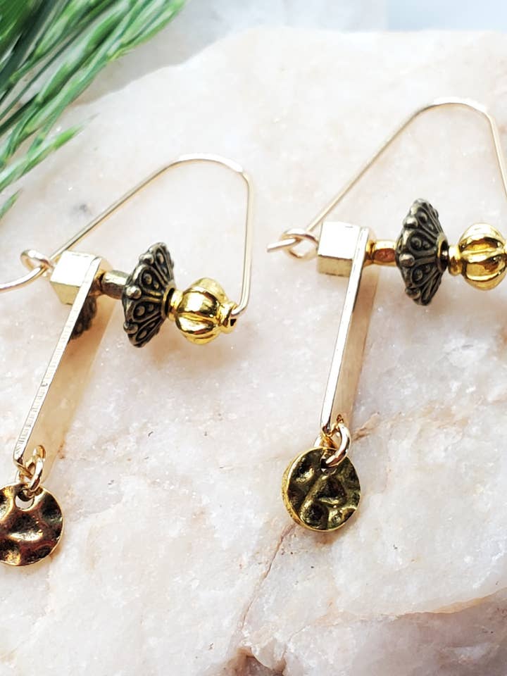 Earrings, Mixed Metal Tri-dangles, Zuri for wholesale by Jezabel Adornment