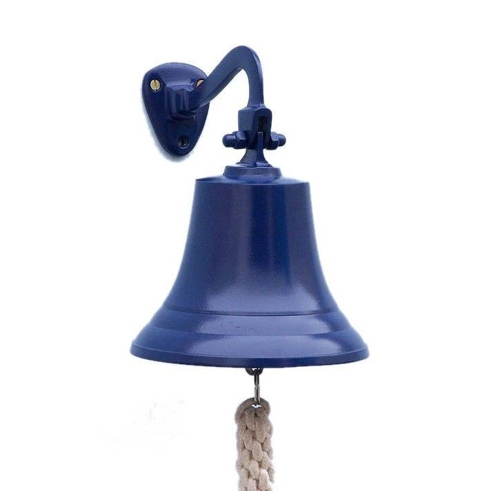 Solid Brass Hanging Ship's Bell 9"" - Blue Powder Coated for wholesale by Hampton Ironworks