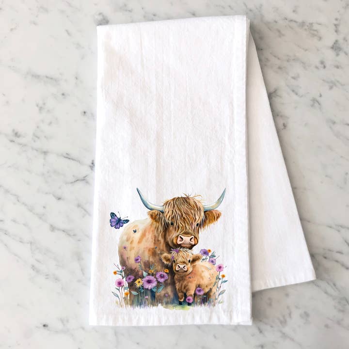 Floral Highland Cows Kitchen Towel for wholesale by Mississippi Mae Monograms