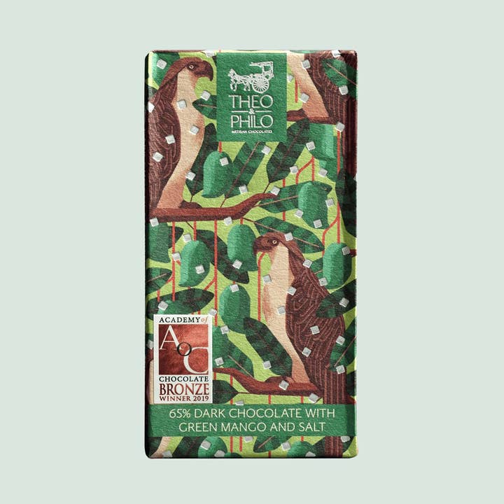 Theo & Philo Dark Chocolate w/ Green Mango & Salt 65% for wholesale by Bar & Cocoa Chocolate