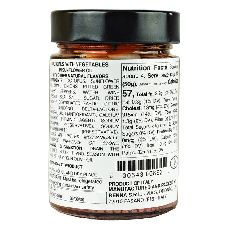 Wholesale Italian Food - Wholesale Tinned Fish - Renna, Octopus With Vegetables preserved in oil (10.58 oz), Premium Imported Canned Seafood, Mediterranean flavor, Product of Italy