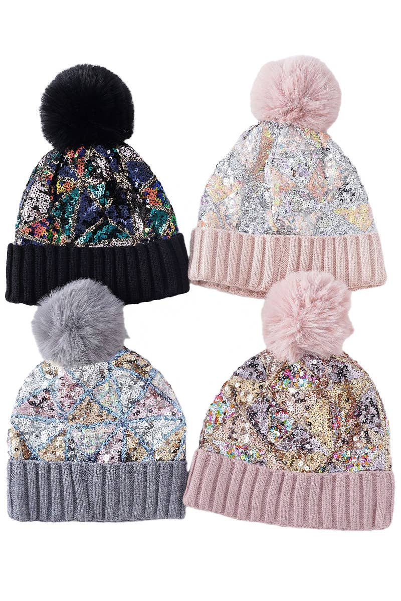 Cap Zone - Wholesale Beanie - Women's - Chevron Sequins Embellished Knitted Beanie1