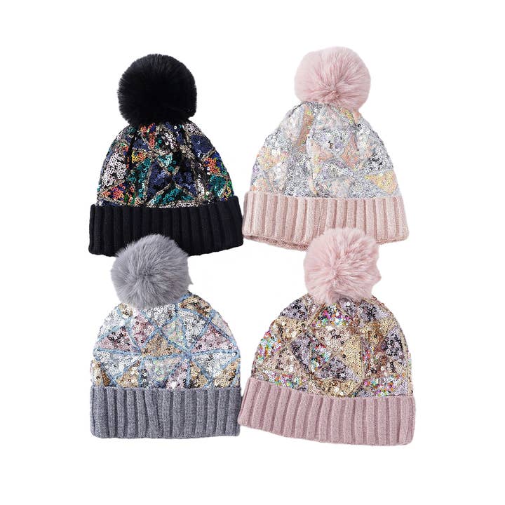 Cap Zone - Wholesale Beanie - Women's - Chevron Sequins Embellished Knitted Beanie1