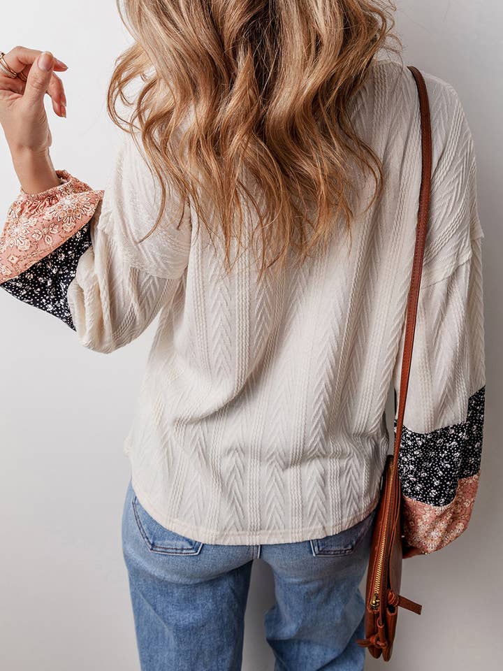 Lovesoft - Wholesale Blouse – Women’s - Floral Patchwork Textured Knit Drawstring V Neck Blouse1