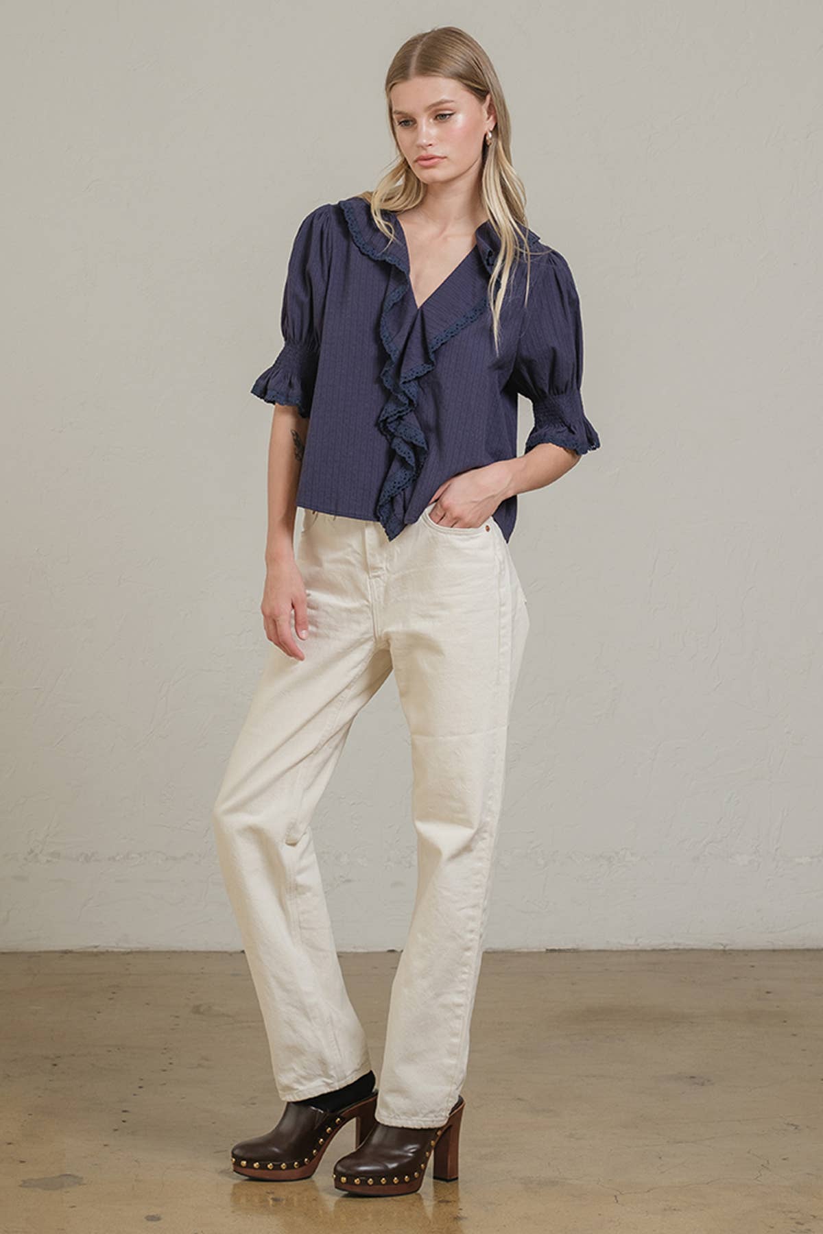 RAISONNEL - Wholesale Blouse - Women's - Ruffle Trim Lace Detail Blouse - RT11797