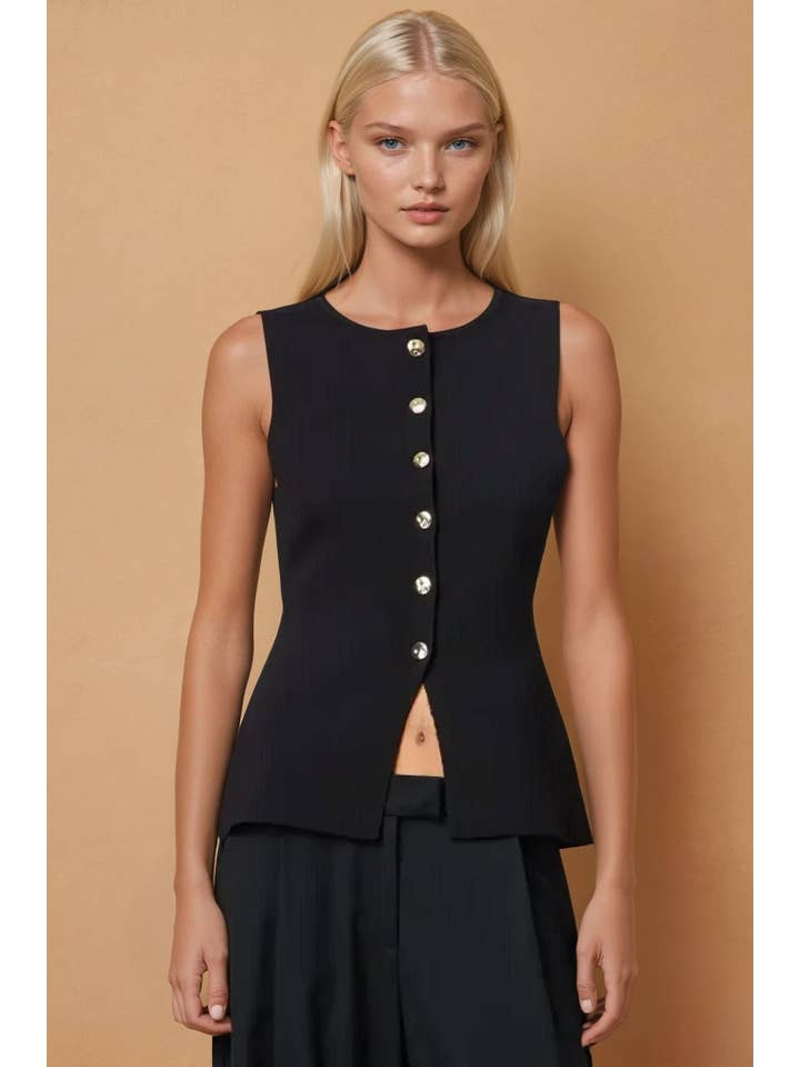 Black SLEEVELESS FINE KNIT GOLD BUTTON PEPLUM TOP W1486TIA for wholesale on Faire1