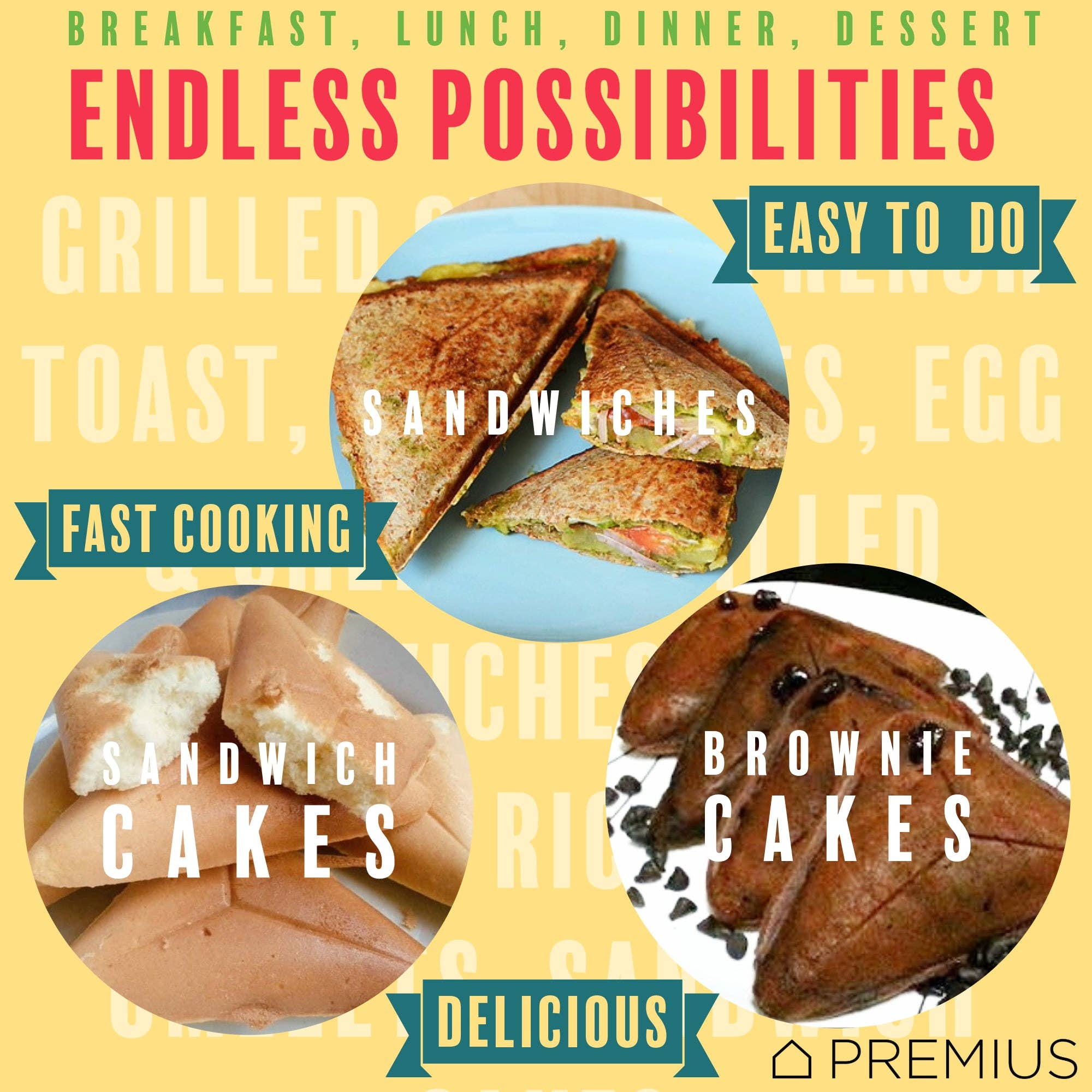 ShopBobbys - Wholesale Kitchen Appliance - PREMIUS Ceramic Non-Stick Double Slice Sandwich Maker, 8.25x4.75 Inch Mold17