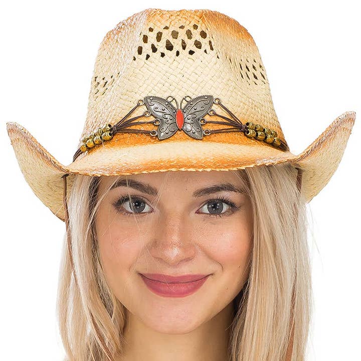 TAN Butterfly Emblem Waxed String Belt Straw Cowboy Hat for wholesale on Faire0