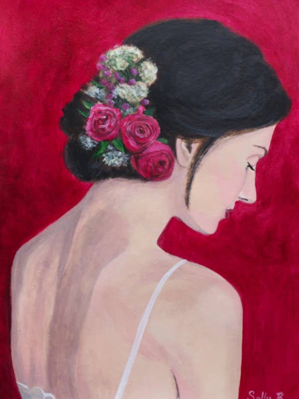 Kvinna tillbaka porträtt med röda rosor illustration för romantisk för wholesale av Sally B