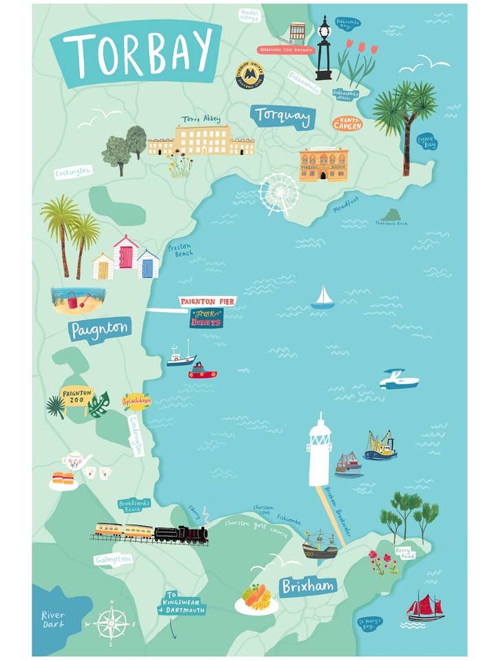 Stampa della mappa di Torbay - A4 + A3 per la vendita all'ingrosso da parte di Stella Isaac Illustration