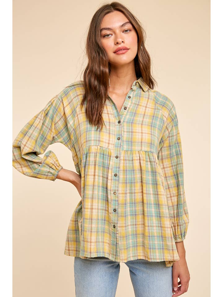 In Loom - Wholesale Button Down Shirt - Women's - GARMENT WASHED PLAID BUTTON DOWN TUNIC