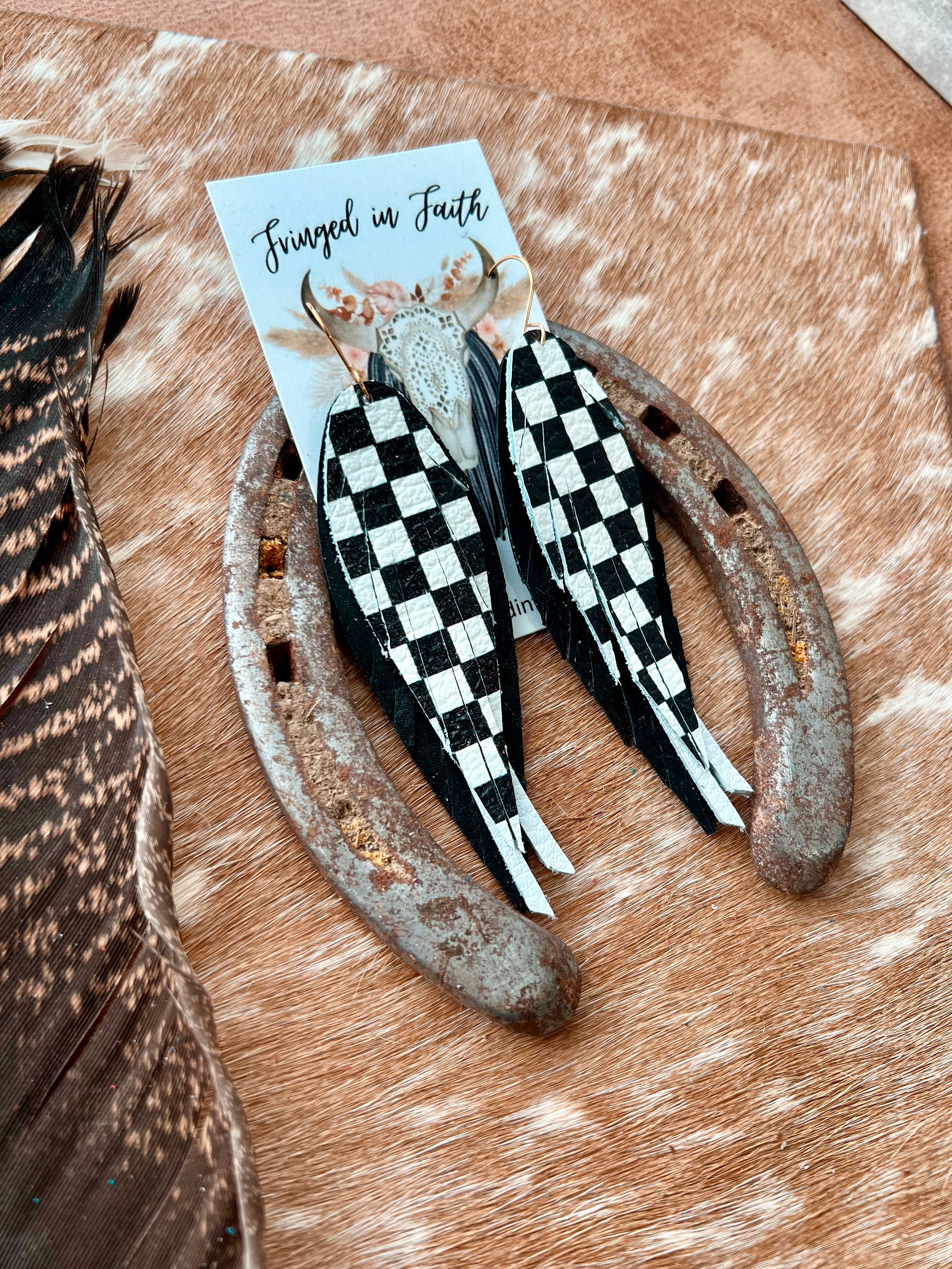 Fringed In Faith - Wholesale Dangle Earrings - Checkered Fringe Earrings