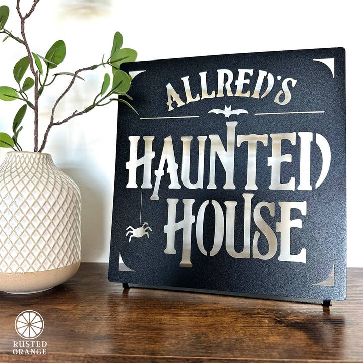 Haunted House Custom Tabletop Name Sign – Personalized Halloween Decoration – 8" or 12" for wholesale by Rusted Orange Craftworks Co.