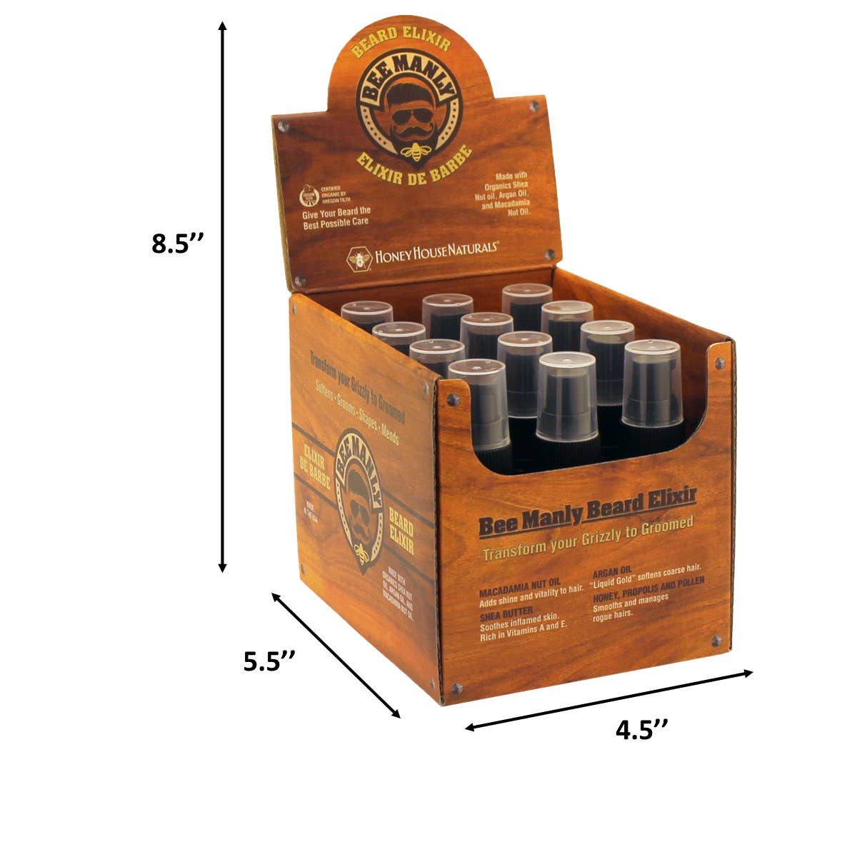 Honey House Naturals - Vente Produit structurant pour la barbe - Boîte de présentation d'élixir pour barbe Bee Manly, 12 pièces, testeur gratuit7