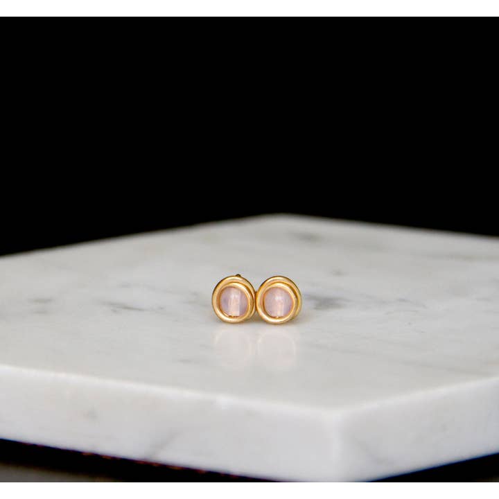 Sweet And Simple Pink Bead Earrings Wrapped In Gold Wire for wholesale by The Jovi Lyne Collection