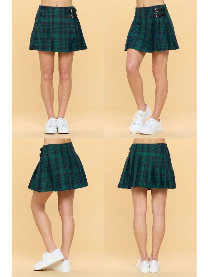 Green Double Buckle Pleated Plaid Mini Skirt for wholesale on Faire