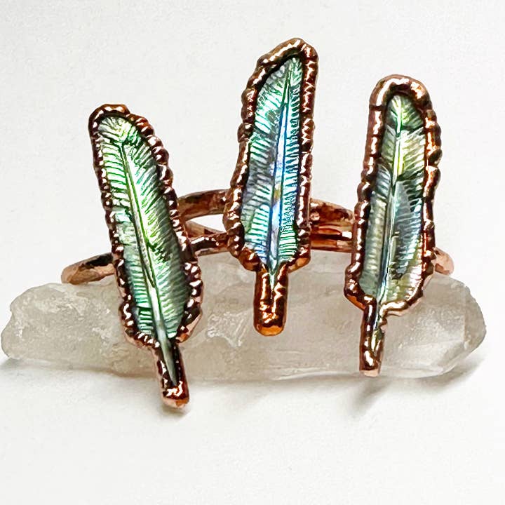 Carved Abalone Feather Ring for wholesale by MergingMetals