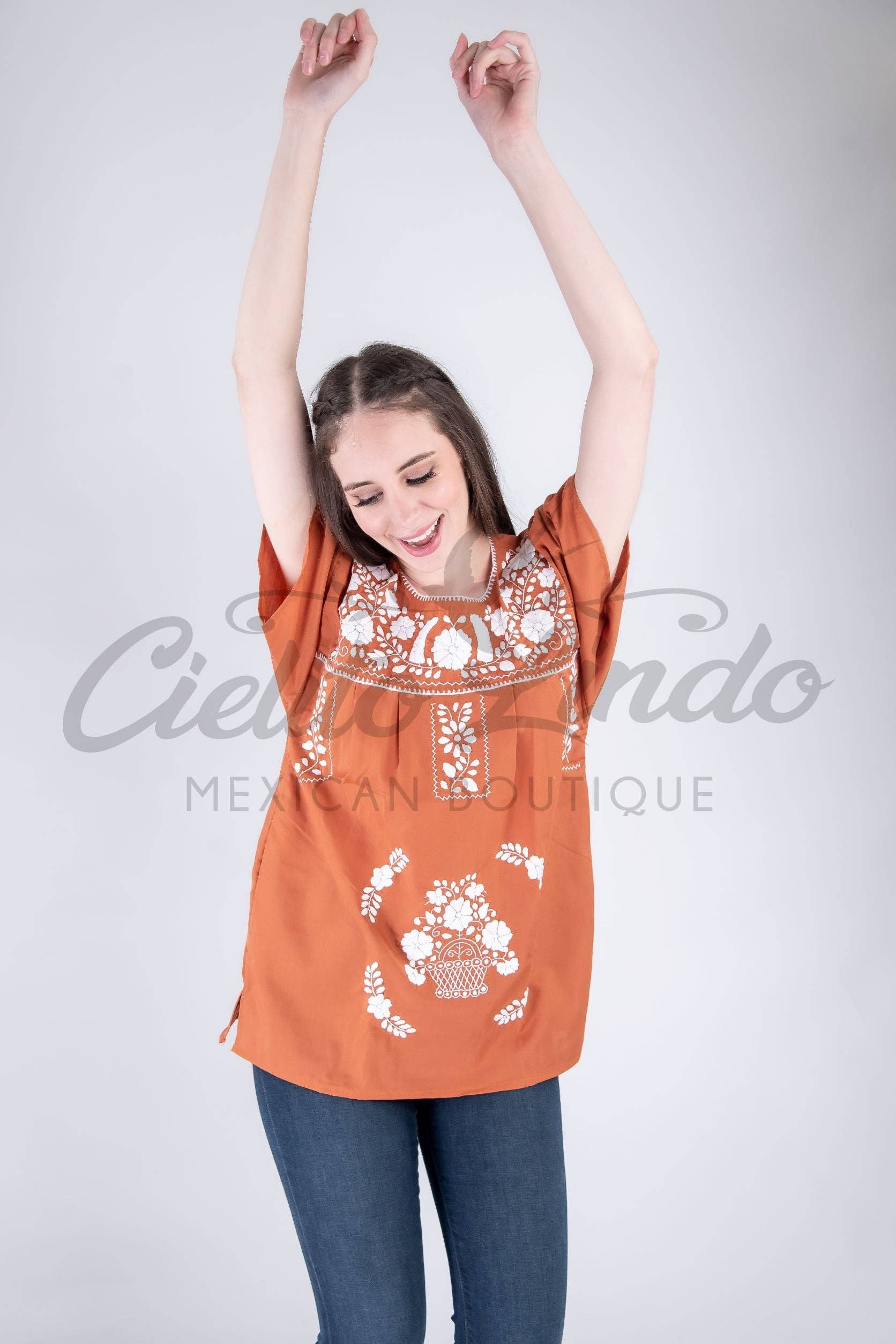 Burnt Orange Mexican Blouse Full Embroidered Texas Longhorns for wholesale on Faire9