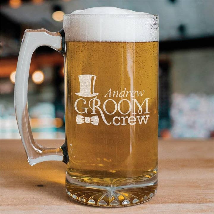 Engraved Groom Crew Glass Mug for wholesale by Sunny Jar Personalized