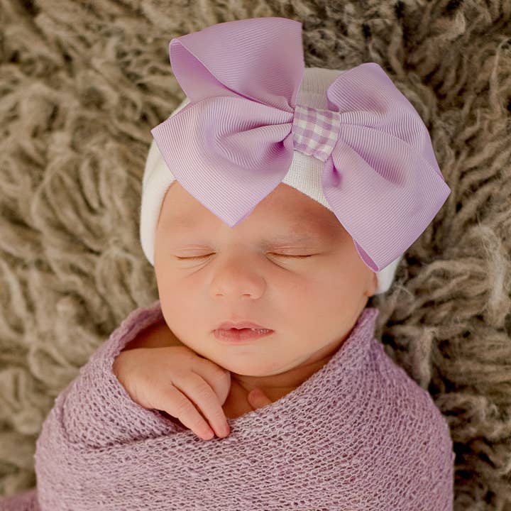 www.ilybean.com - Wholesale Newborn/Knit Hat - Baby - Purple Gingham Bow Newborn Girl Hat -Purple Bow with Purple