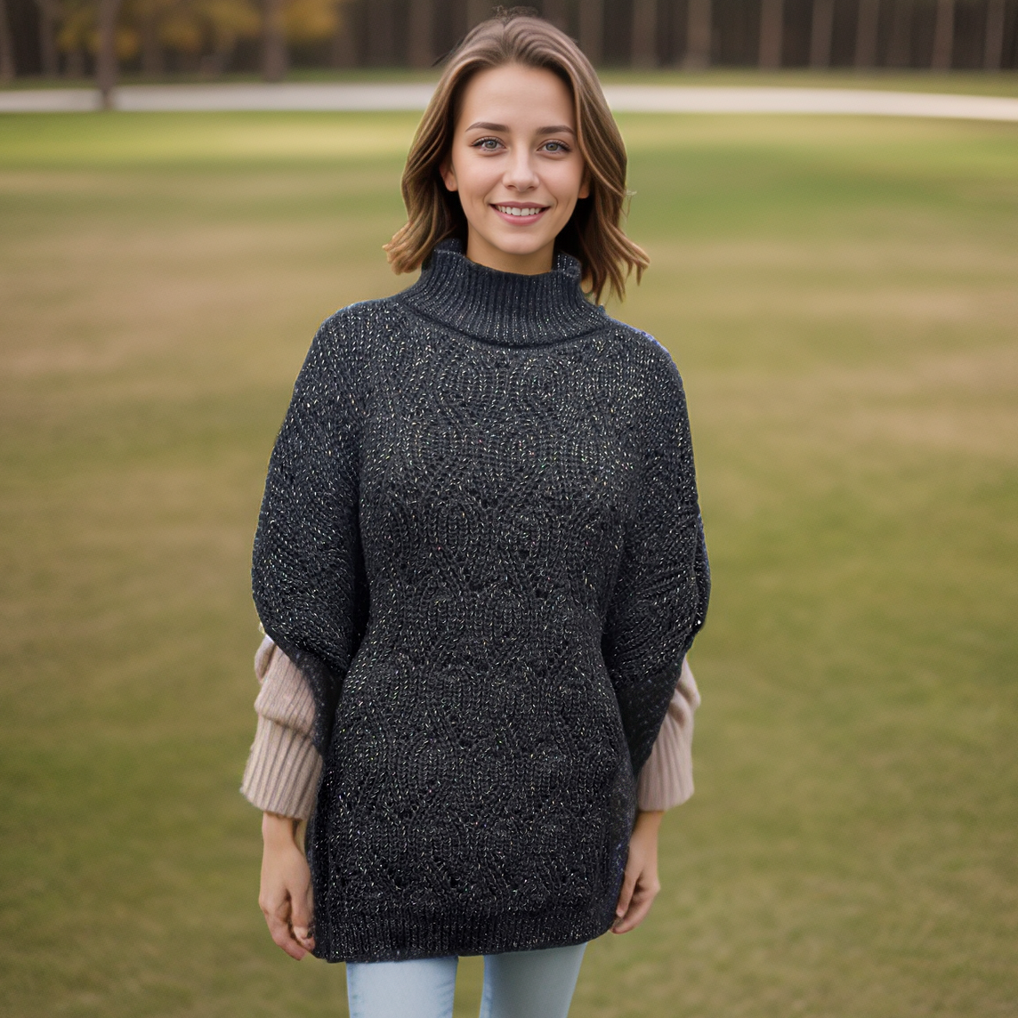 Black Ginger - Vendita all'ingrosso Poncho - Donna - Merbuk - Poncho stile maglione a collo alto - Nero scintillante3