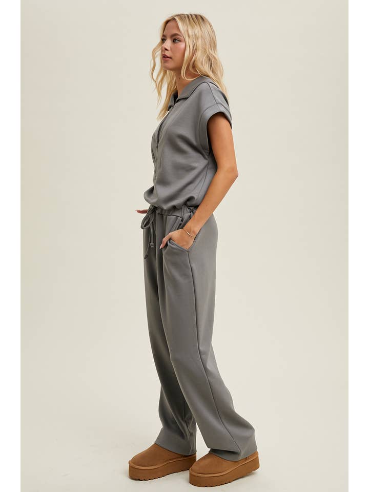 GREY SCUBA HALF ZIP JUMPSUIT WITH OVERSIZED COLLAR / WL24-9333 for wholesale on Faire