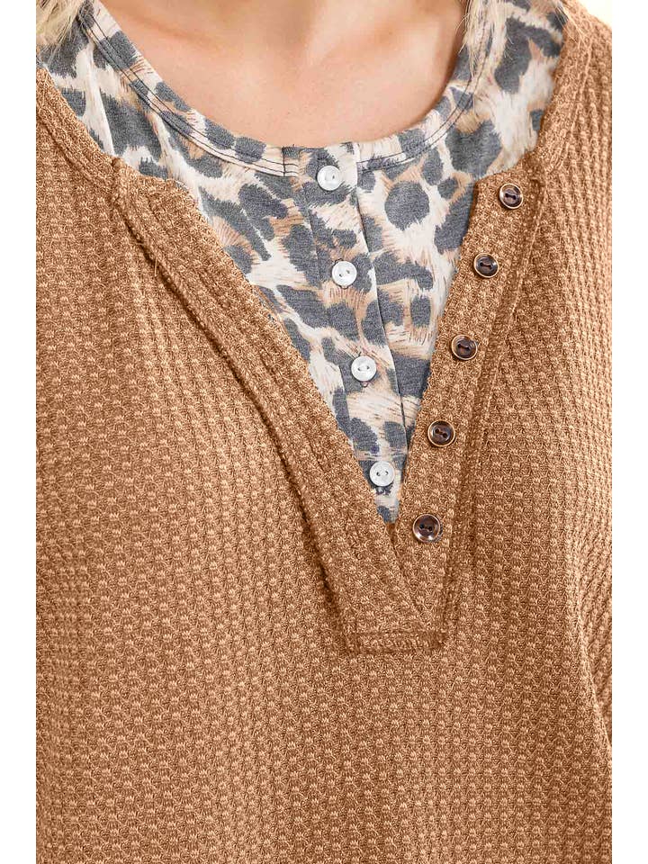 7th Ray - Wholesale Knit Top - Women's - Leopard Print Double layered Henley Top T607812