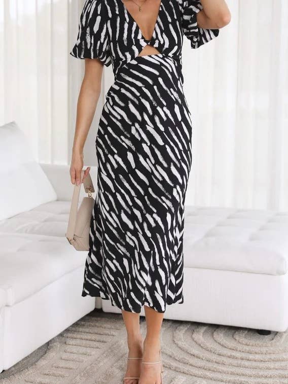 Rosa Clothing - Wholesale Dress - Women's - zebra print plunge twist front cutout puff sleeve dress7