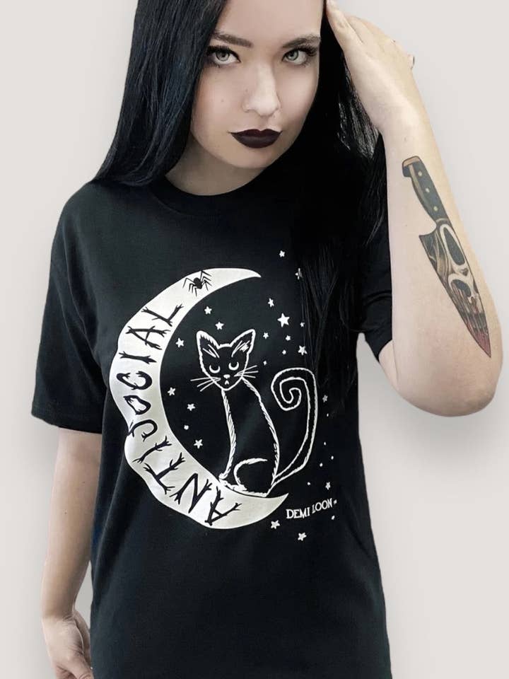 AntiSocial Cat Witch Moon Boyfriend SS Tee- Black for wholesale by Demi Loon