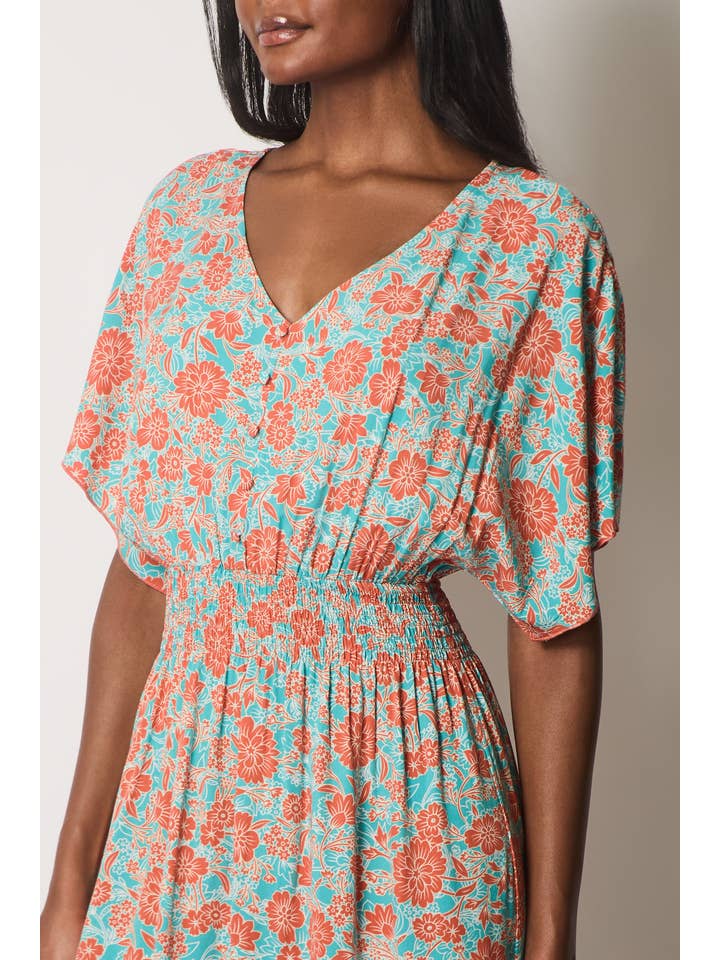 SOLO – Vestido - Mulher por atacado – Vestido midi floral laranja com mangas evasê2