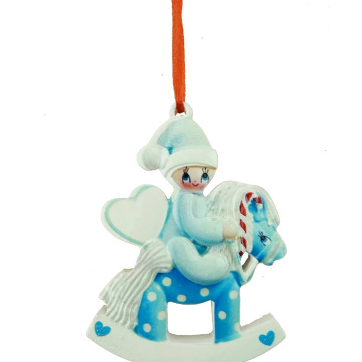 BABY ON ROCKING HORSE BLUE RESIN ORNAMENT RED RIBBON HOLIDAY for wholesale by Classy Nail Files