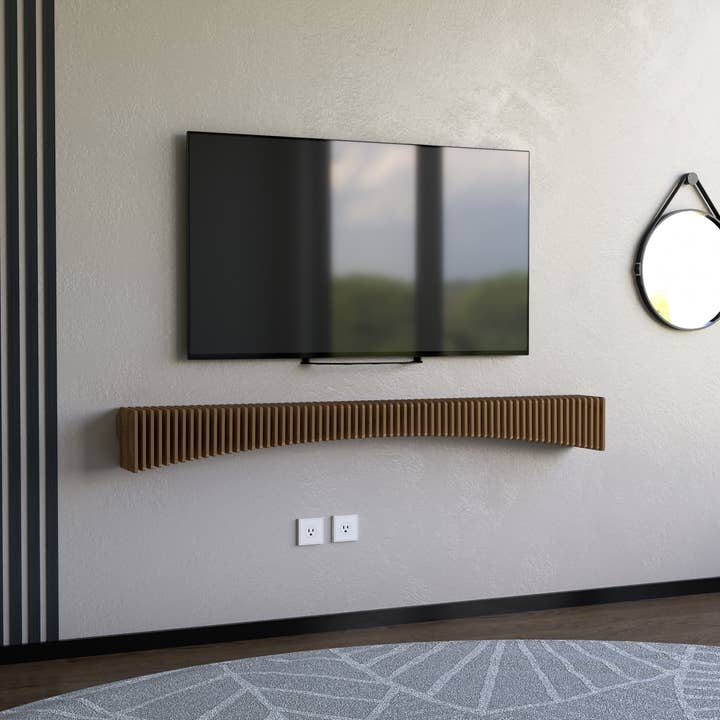 BATAMEX Parametric 60 inch Floating Shelf TV Unit Modern Geometric Wooden Wall Piece Decor Natural Oak Color 3D Wavy Living and Gaming Room Shelf for wholesale by Wear Sierra