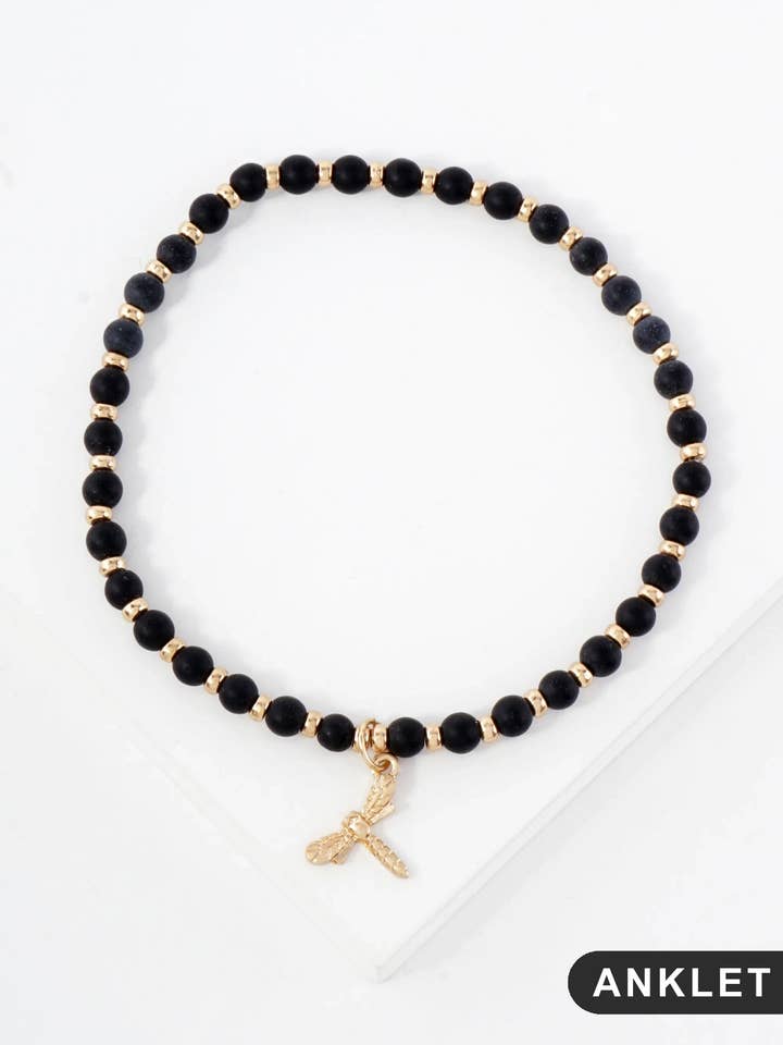 Semi-Precious Natural-Stone Beaded Dragonfly Charm Stretch Anklet for wholesale by Wild Honey