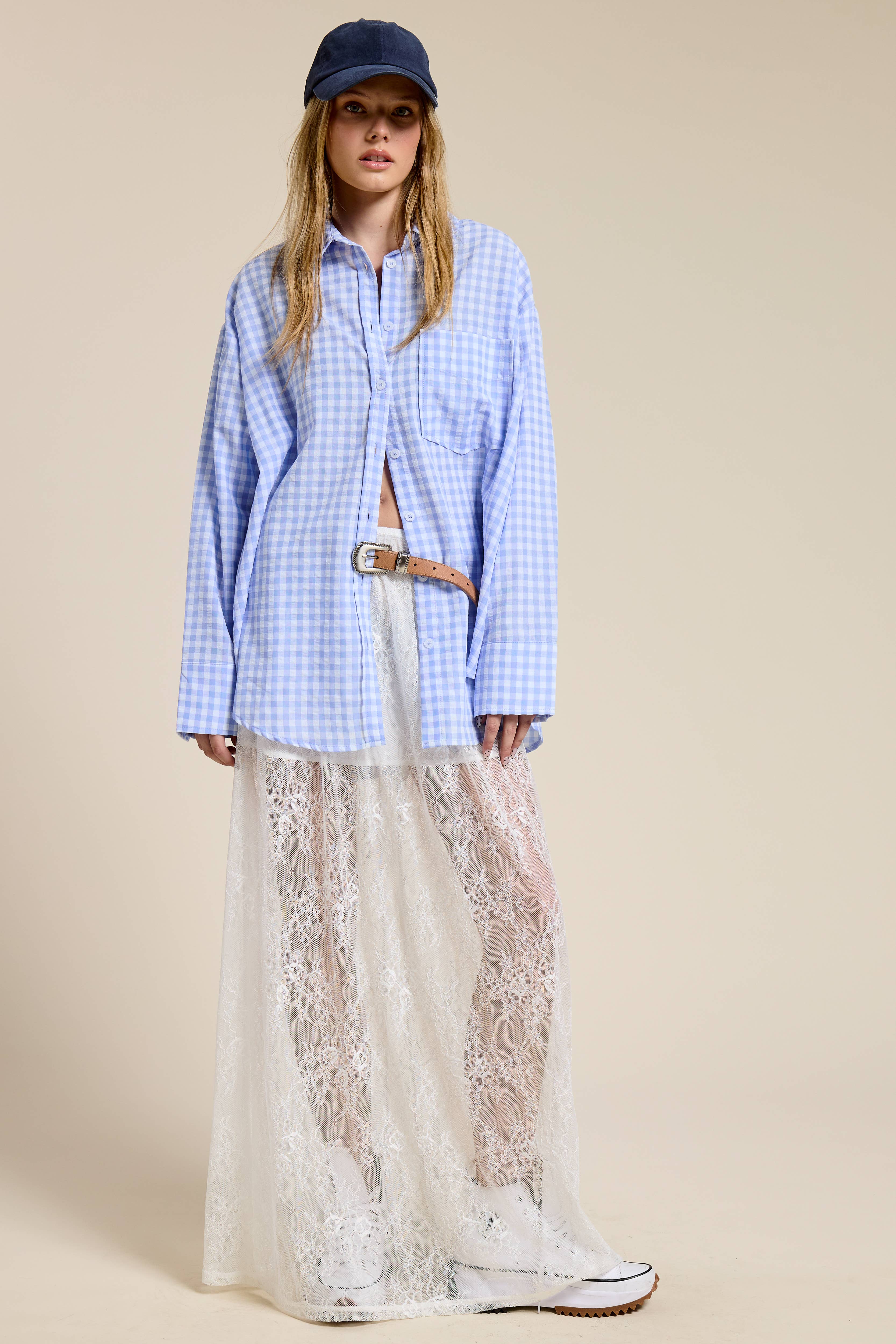 Mimosa - Wholesale Button Down Shirt - Women's - Oversized Gingham Button Down Shirt15