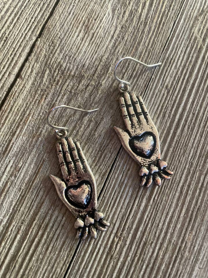 Heart in hand earrings (silver) -Gift/Ladies Fashion for wholesale by Savannah Hoffman Designs Artisan Jewelry