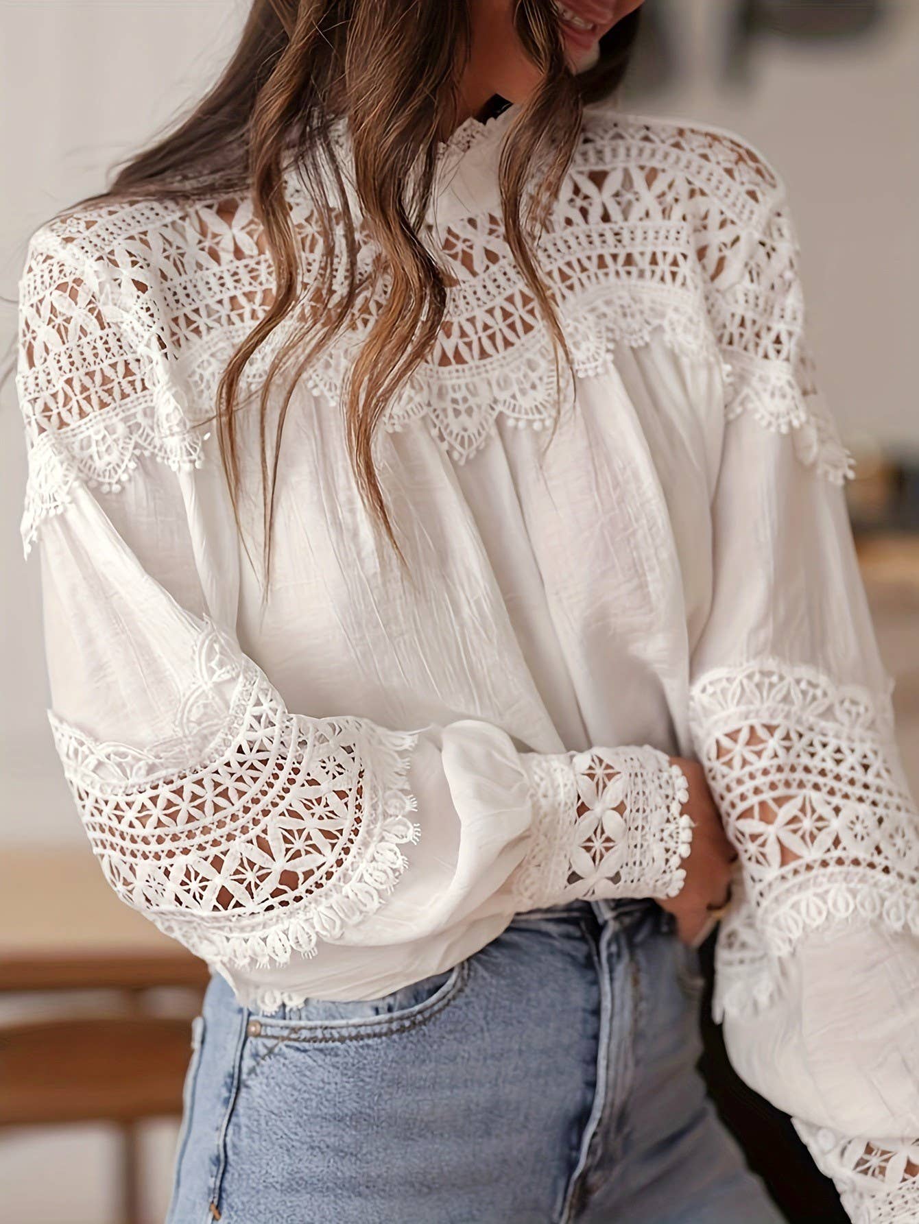 White Lace Eyelet Crochet Flared Sleeve Blouse for wholesale on Faire1