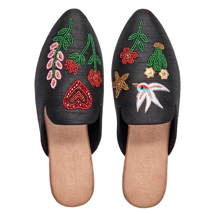 Artisanal Black Raw Silk Garden Embroidered Slippers Mules for wholesale by Fuchsia