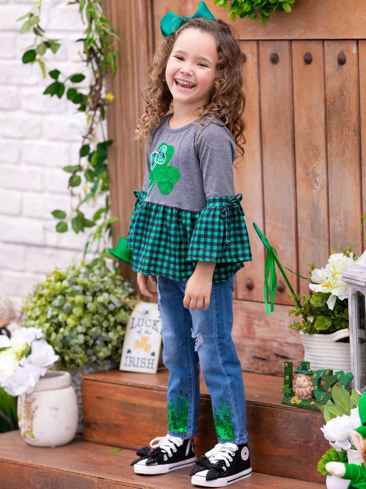 Green Leprechauns Love Plaid Ruffle Top for wholesale on Faire3