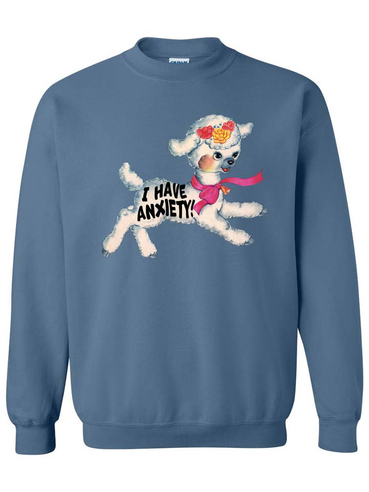 Sweatshirt amusant en forme d'agneau vintage I Have Anxiety - Bleu indigo pour la vente par The Coin Laundry
