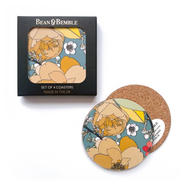 Coasters Box Set Round Melamine Wood Retro Chica Camellia Teal for wholesale by Bean and Bemble