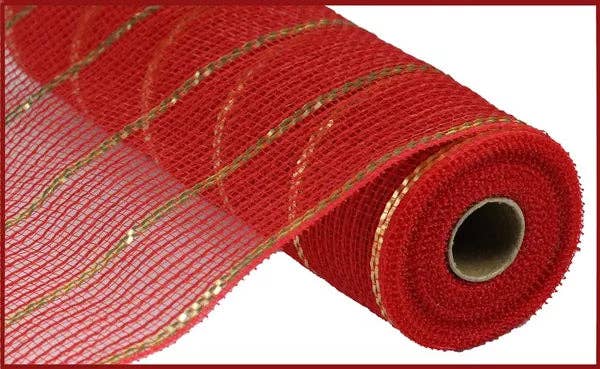 General Wholesale Inc - Wholesale Ribbon - Gift Wrapping - 10.25" x 10yd Poly/Faux Jute/Matte Mesh-Red/Gold-RY8329390