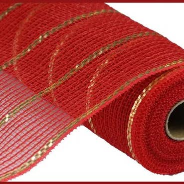 General Wholesale Inc - Wholesale Ribbon - Gift Wrapping - 10.25" x 10yd Poly/Faux Jute/Matte Mesh-Red/Gold-RY832939