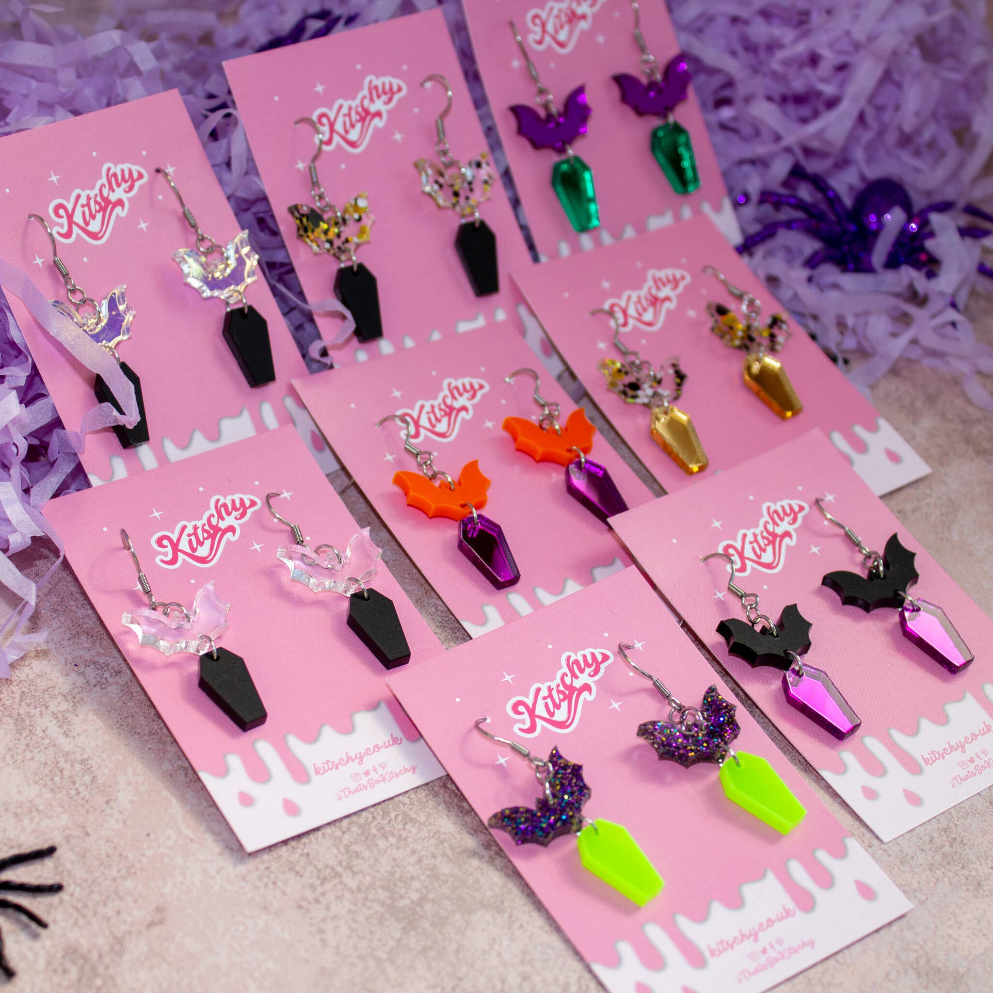 Kitschy - Wholesale Dangle Earrings - Coffin Bat Earrings Halloween Laser Cut Acrylic4
