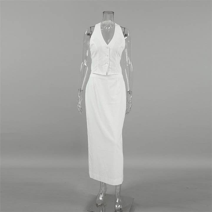 WHITE Cotton Linen Sleeveless Top and Long Skirt Ensemble for wholesale on Faire6