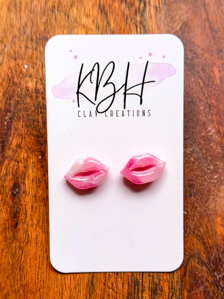 Pink Marble Lip Stud Handmade Clay Earrings for wholesale by KBH CREATIONS