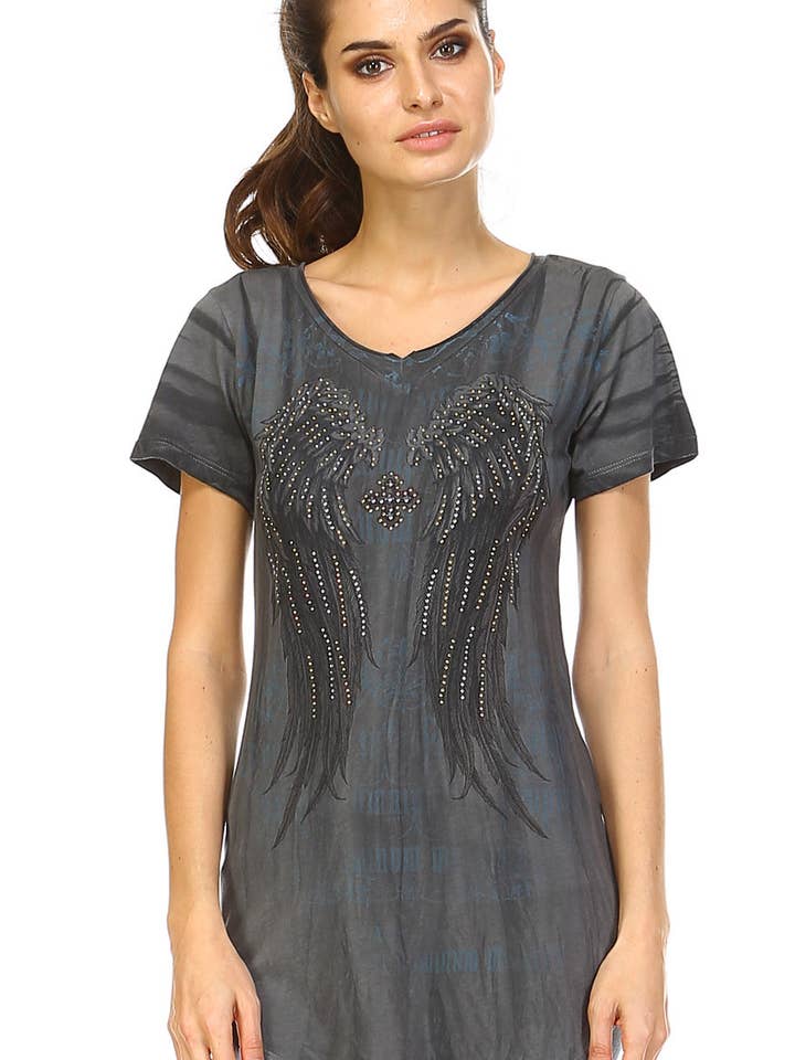 Charcoal Grey Raw edge V-hals Korte mouw Lava dye Angel voor wholesale door Urban X Apparel