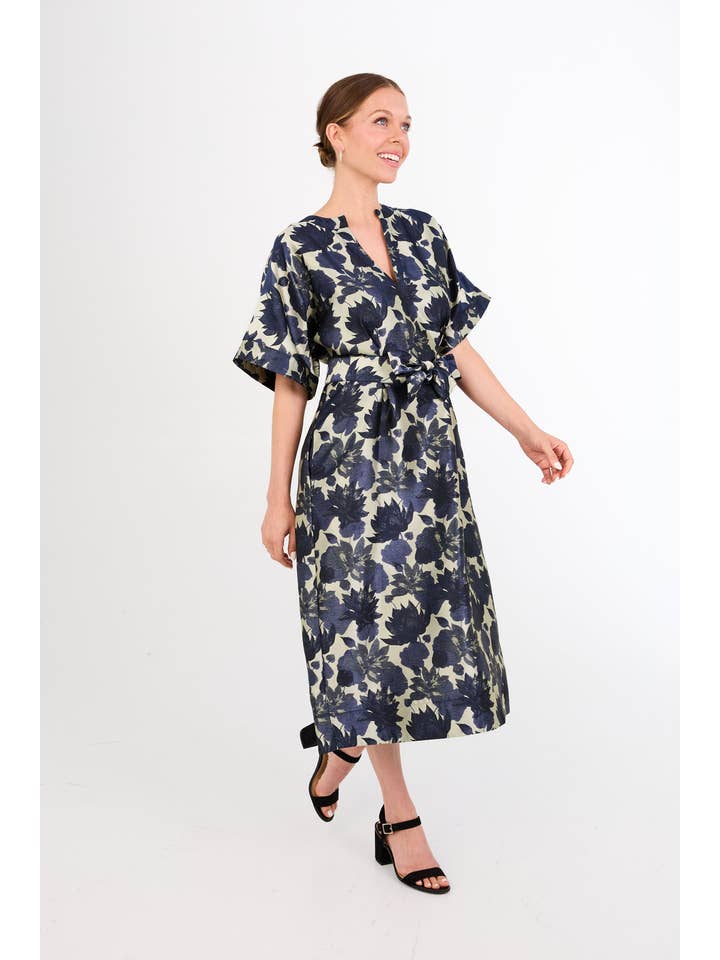 Evelyn Dress Ivory and Navy Floral Silhouette Jacquard for wholesale on Faire2